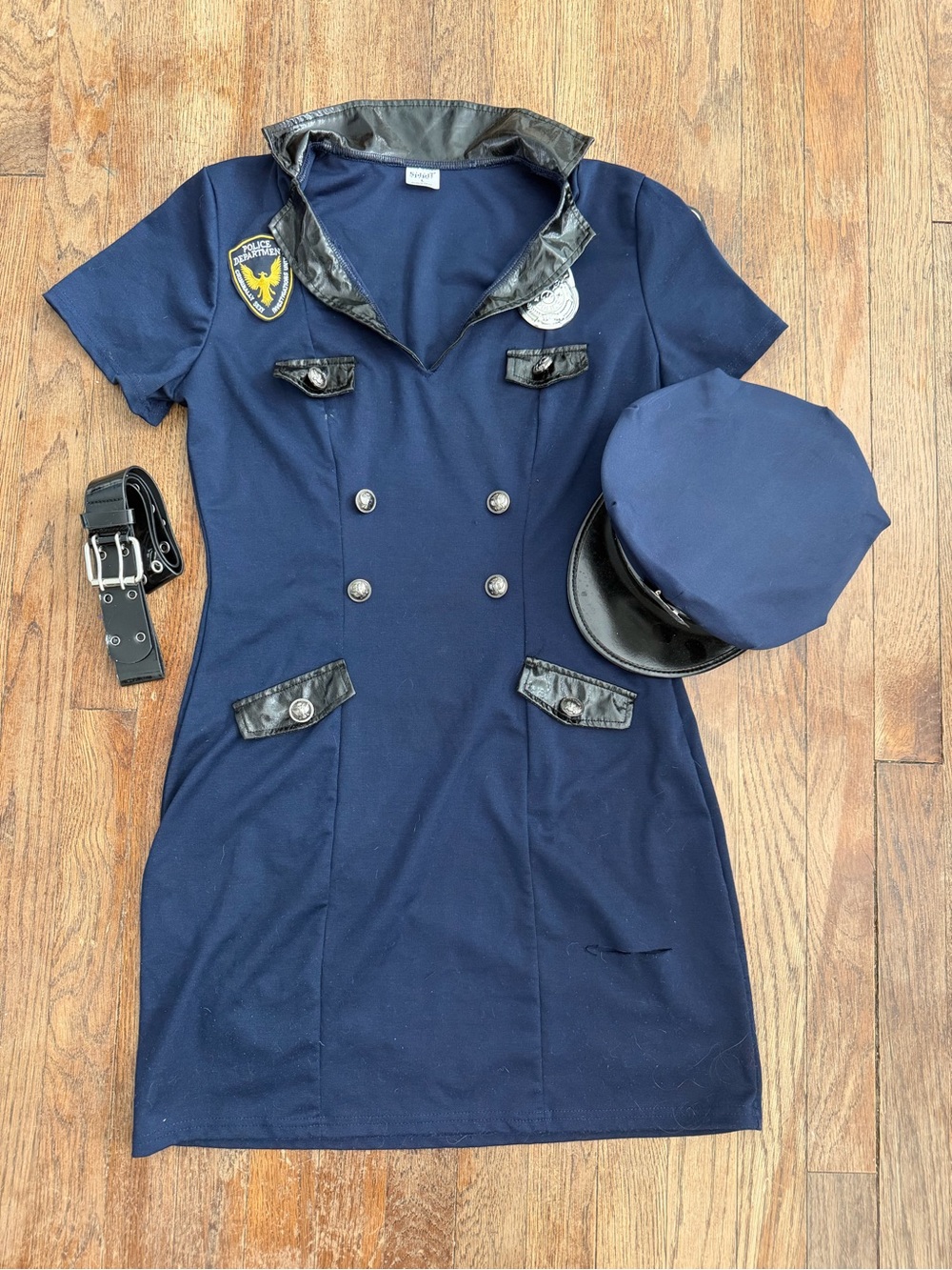Navy womens Short-Sleeve Police Costume Dress with Cap and Belt